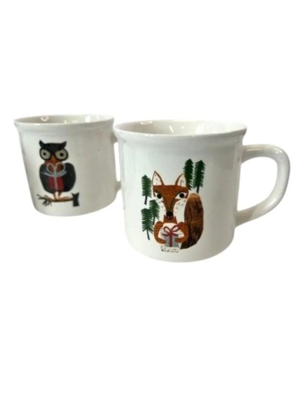 3 POTTERY BARN DENISE FIEDLER WHIMSICAL CAT,FOX & OWL MUGS -A FUN TASTE OF NATUR
